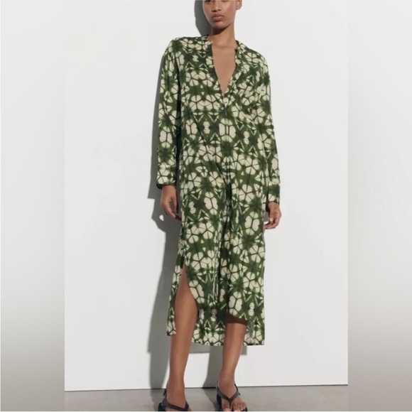 Zara Green Tie Dye Printed Button Front Midi Maxi Tunic Dress Cover Up Small NEW - Picture 1 of 10